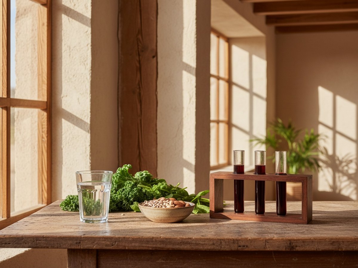Verre d'eau, graines et légumes frais sur une table en bois évoquant les compléments alimentaires