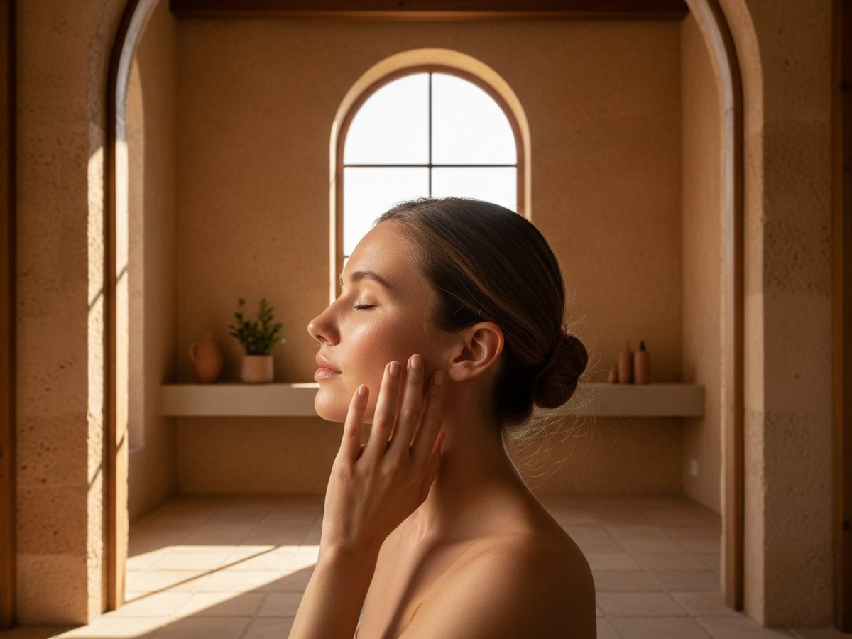 Femme au teint lumineux touchant sa joue dans une lumière naturelle