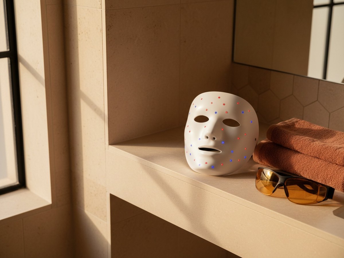Masque LED visage rigide posé sur un comptoir de salle de bain avec lunettes de protection